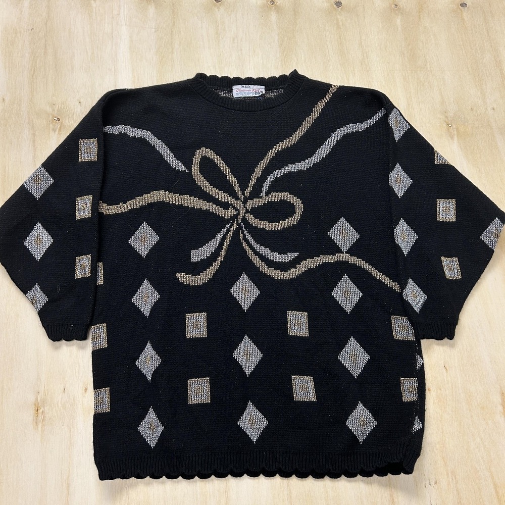 Vintage 80s Glamour Knit Sweater Womens XL Black Bow Argyle Metallic Holiday
